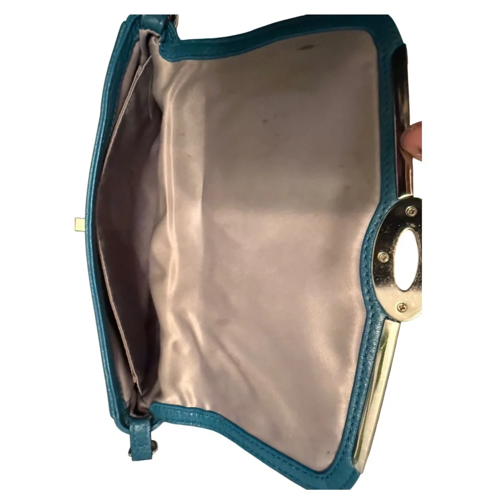 Coach Turnlock Chain Strap Shoulder Bag | Teal Pebbled Leather Crossbody Clutch - Picture 3 of 6